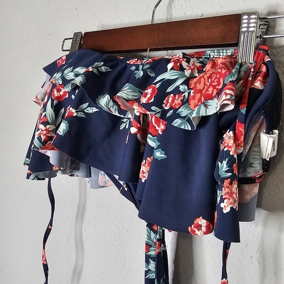 COCOSHIP Ruffle Bikini Swim Top Only Blue Floral Size L Large - Picture 2 of 10